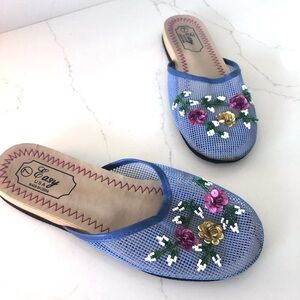 Mesh Sequin Embroidered Asian Slipper Shoes Beaded Slides Slip On Flats Womens 7